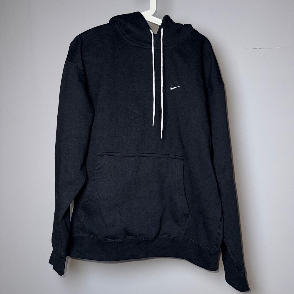 Nike Mens Black Pullover Hoodie Embroidered Swoosh Sleeve Logo Size M Thick